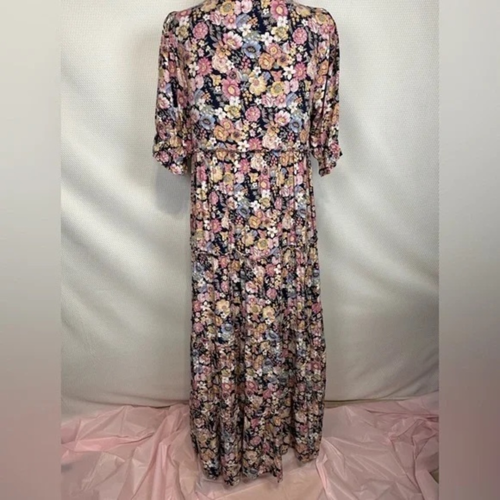 NATURAL LIFE Floral Tiered Maxi Dress in Pink, Black and Cream